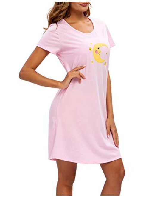 ENJOYNIGHT Sleepwear Women's Nightgown Printed Sleep Shirt Short Sleeve Sleep Tee Cotton Nightshirt