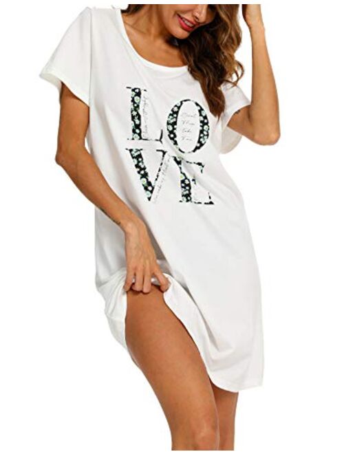 ENJOYNIGHT Sleepwear Women's Nightgown Printed Sleep Shirt Short Sleeve Sleep Tee Cotton Nightshirt