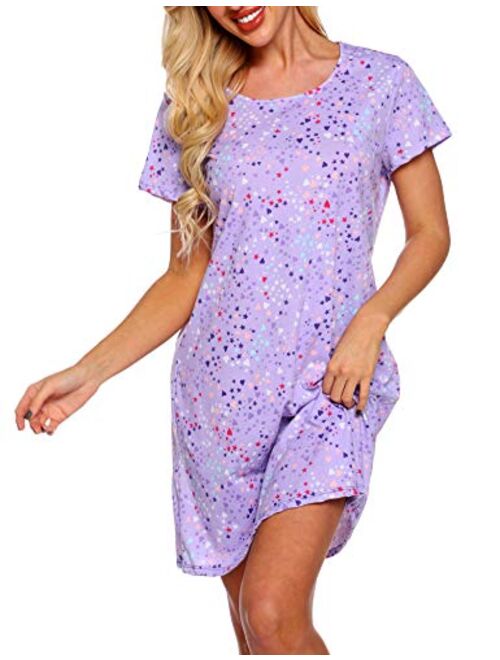 ENJOYNIGHT Sleepwear Women's Nightgown Printed Sleep Shirt Short Sleeve Sleep Tee Cotton Nightshirt