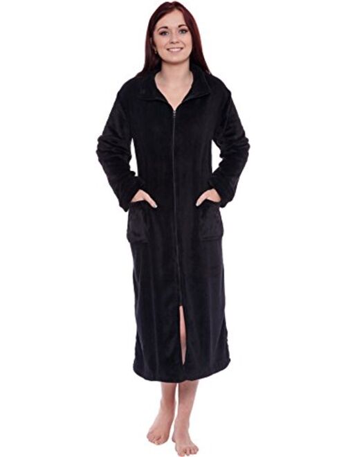 Silver Lilly Womens Full Length Zip Up Robe - Plush Fleece Long Zipper Housecoat