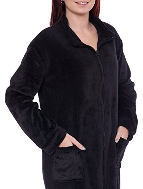 Silver Lilly Womens Full Length Zip Up Robe - Plush Fleece Long Zipper Housecoat