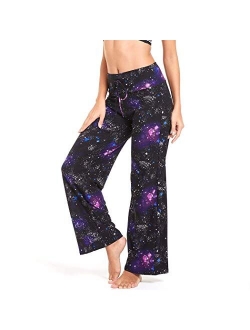 HIGHDAYS Pajama Pants for Women Floral Print Palazzo Pants Comfy Casual Lounge Pants with Wide Leg & Drawstring