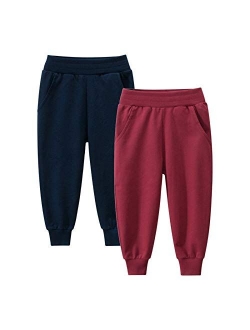 HILEELANG Kids Boy Girl Pants Jogger Drawstring 2-Pack Chino Cargo Pant Cotton Casual Fleece Sweatpants Pants