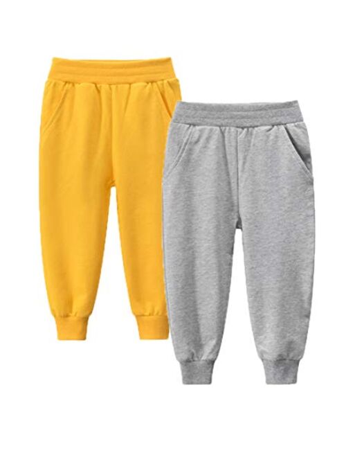 HILEELANG Kids Boy Girl Pants Jogger Drawstring 2-Pack Chino Cargo Pant Cotton Casual Fleece Sweatpants Pants