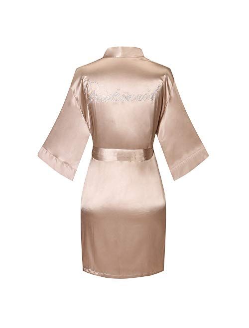 Joy Bridalc Satin Wedding Robes with Clear Rhinestones-Bride&Bridesmaid Edition Short Kimono