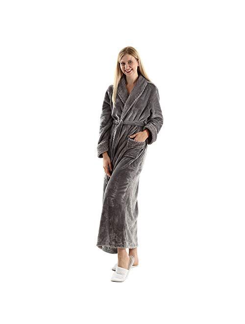 Full Length Fleece Robe Cozy Plush Long Warm Bathrobe with Waist Belt for Womens