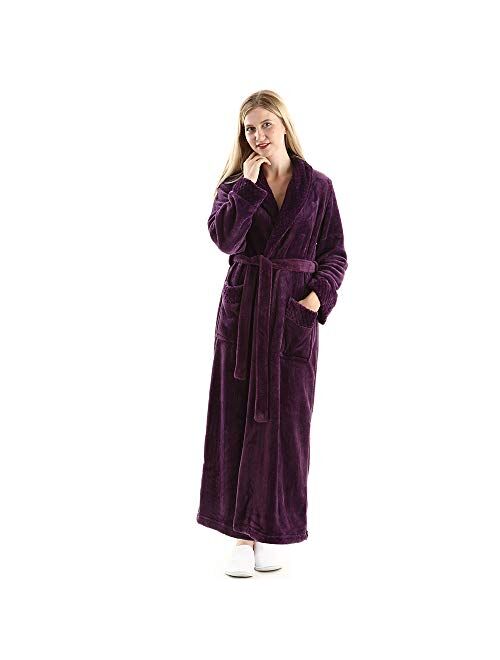 Full Length Fleece Robe Cozy Plush Long Warm Bathrobe with Waist Belt for Womens