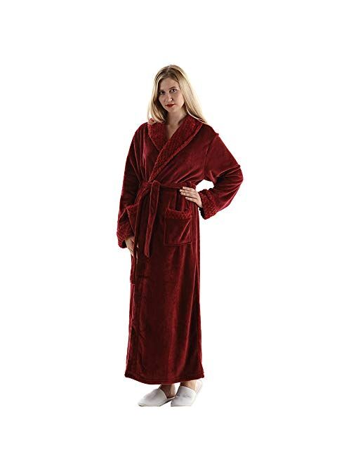 Full Length Fleece Robe Cozy Plush Long Warm Bathrobe with Waist Belt for Womens