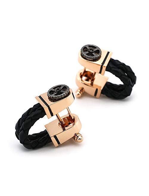 ZNYD Men's Leather Chain Cufflinks Copper Material Rose Gold Color