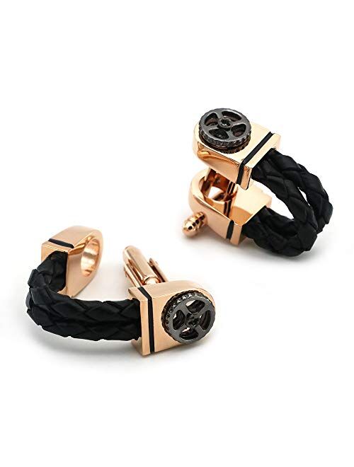 ZNYD Men's Leather Chain Cufflinks Copper Material Rose Gold Color