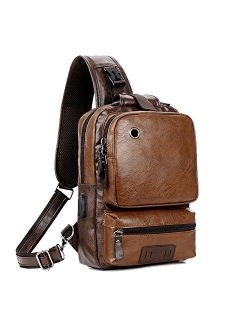 Men Vintage PU Leather CrossBody Sling Bag Large Capacity Casual Backpack USB Charge