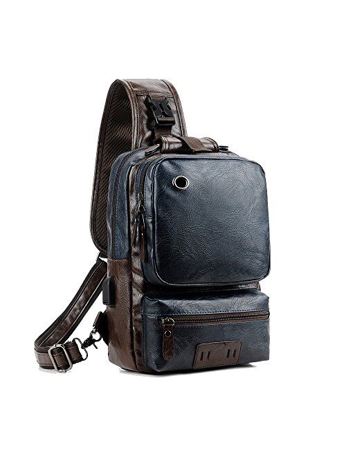 Men Vintage PU Leather CrossBody Sling Bag Large Capacity Casual Backpack USB Charge