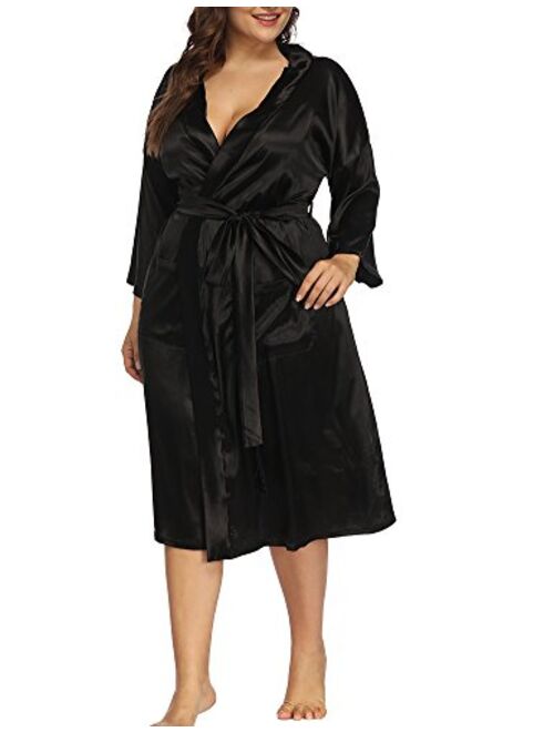 Allegrace Women's Plus Size Robes Silky Satin Long Kimino Bridesmaids Sleep Lounge Robe