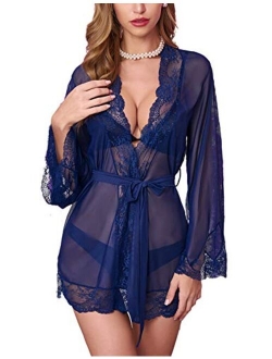 Women Lace Kimono Robe Babydoll Sexy Lingerie Mesh Chemise Nightgown Cover Up