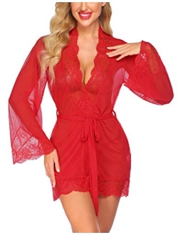 Women Lace Kimono Robe Babydoll Sexy Lingerie Mesh Chemise Nightgown Cover Up