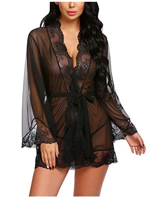 Avidlove Women Lace Kimono Robe Babydoll Sexy Lingerie Mesh Chemise Nightgown Cover Up