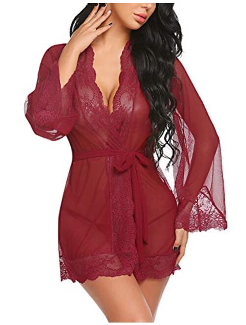 Avidlove Women Lace Kimono Robe Babydoll Sexy Lingerie Mesh Chemise Nightgown Cover Up