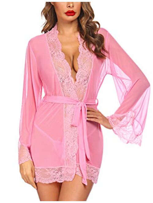 Avidlove Women Lace Kimono Robe Babydoll Sexy Lingerie Mesh Chemise Nightgown Cover Up