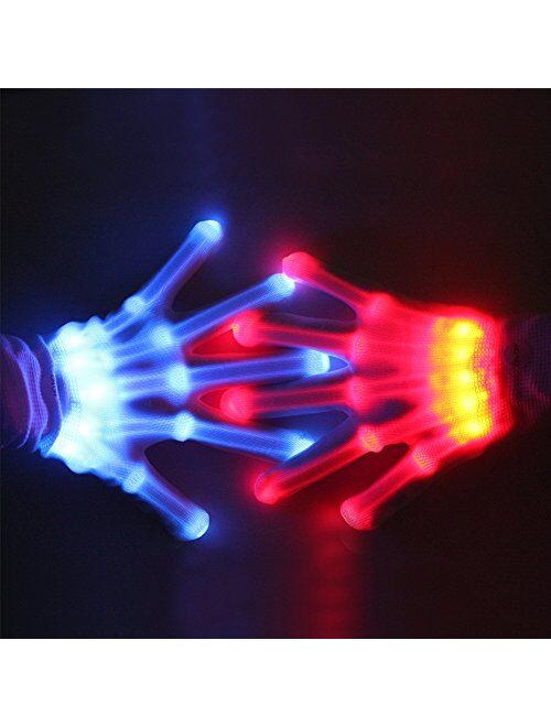 Theefun LED Gloves, 12 Color Changing Flashing Skeleton Gloves, Cool Light Up Costume for Halloween Christmas Birthday Party, Best Gifts for Age 8-14 Years Kids, 1 Pair(W