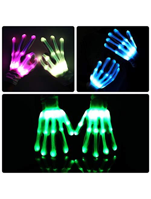 Theefun LED Gloves, 12 Color Changing Flashing Skeleton Gloves, Cool Light Up Costume for Halloween Christmas Birthday Party, Best Gifts for Age 8-14 Years Kids, 1 Pair(W