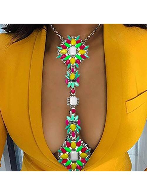 ELABEST Boho Rhinestone Statement Chest Chain Crystal Necklace Body Chain Summer Beach Body Jewelry Accessories for Women and Girls