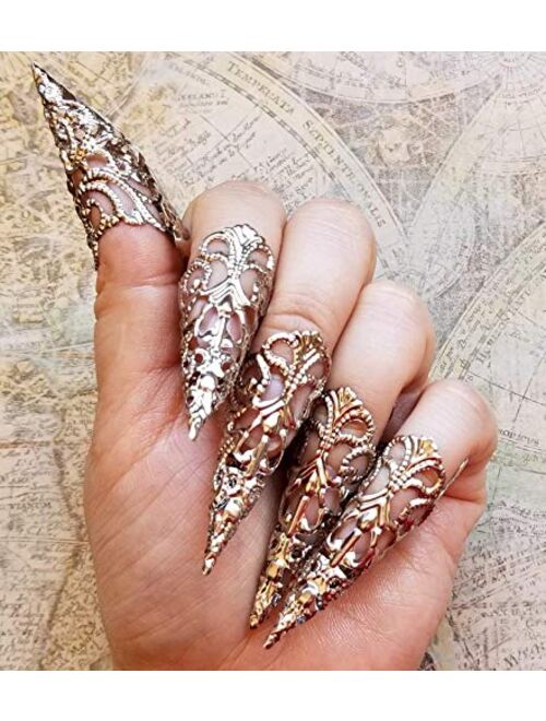 5 Silver Brass Nail Armour Rings, Cosplay Accessories, Long Sharp Nail Claws, Stiletto Nail Rings, Vampire Nails, Costume Nails, Dragon Nails