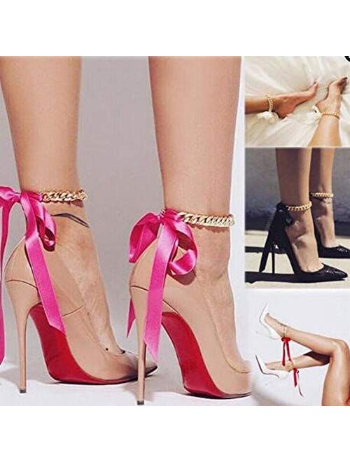 Xf Anklet for Women Foot Chain Cute Metal Chain Ribbon Anklets Female Foot Jewelry Summer Beach Ankle Chains (2pcs)