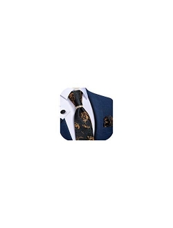 DiBanGu Mens Formal Solid Tie and Gold Tie Ring Set Silk Pocket Square Cufflinks with Gift Box