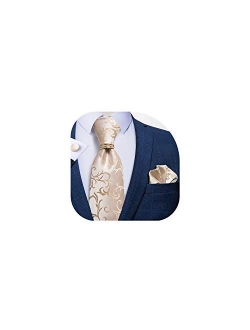 DiBanGu Mens Formal Solid Tie and Gold Tie Ring Set Silk Pocket Square Cufflinks with Gift Box