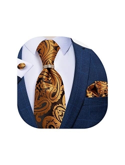 DiBanGu Mens Formal Solid Tie and Gold Tie Ring Set Silk Pocket Square Cufflinks with Gift Box