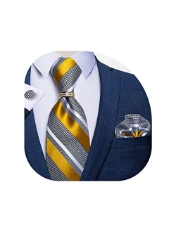 DiBanGu Mens Formal Solid Tie and Gold Tie Ring Set Silk Pocket Square Cufflinks with Gift Box