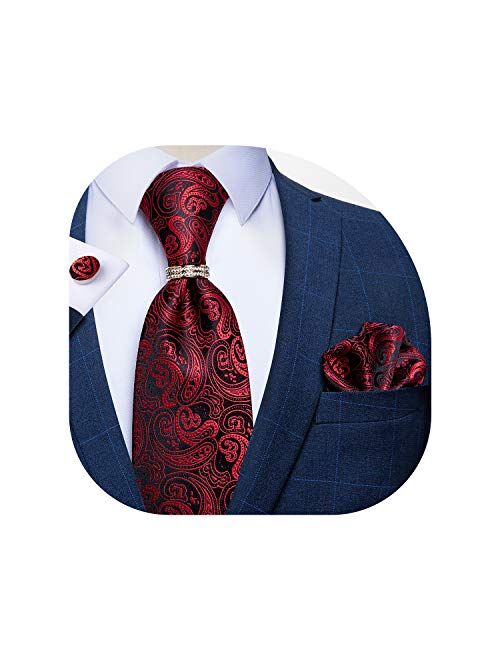 DiBanGu Mens Formal Solid Tie and Gold Tie Ring Set Silk Pocket Square Cufflinks with Gift Box