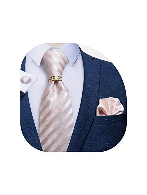 DiBanGu Mens Formal Solid Tie and Gold Tie Ring Set Silk Pocket Square Cufflinks with Gift Box