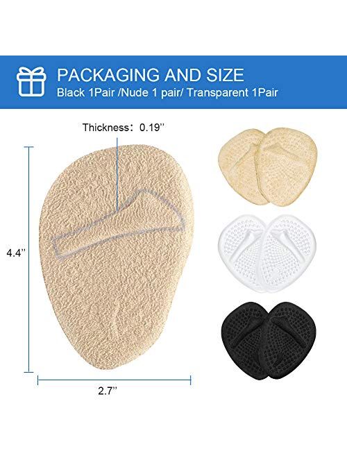 3 Pairs Metatarsal Pads for Women, Professional Reusable Silicone Ball of Foot Cushions, All Day Pain Relief and Comfort, One Size Fits Shoe Inserts, by Mildsun.