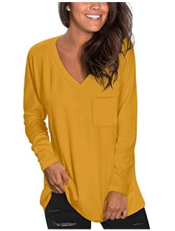 NSQTBA Womens Long Sleeve V Neck Tunic Tops Loose Casual Shirts with Pocket