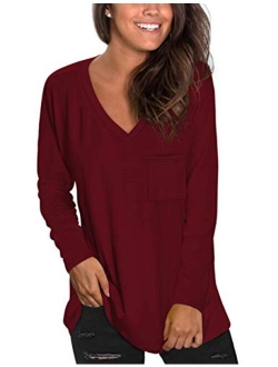 NSQTBA Womens Long Sleeve V Neck Tunic Tops Loose Casual Shirts with Pocket