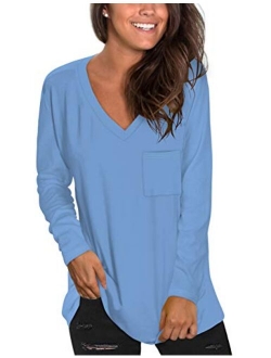 NSQTBA Womens Long Sleeve V Neck Tunic Tops Loose Casual Shirts with Pocket