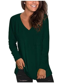 NSQTBA Womens Long Sleeve V Neck Tunic Tops Loose Casual Shirts with Pocket