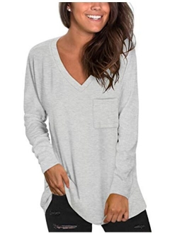 NSQTBA Womens Long Sleeve V Neck Tunic Tops Loose Casual Shirts with Pocket