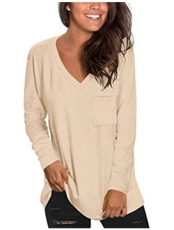 NSQTBA Womens Long Sleeve V Neck Tunic Tops Loose Casual Shirts with Pocket