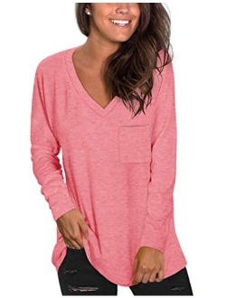 NSQTBA Womens Long Sleeve V Neck Tunic Tops Loose Casual Shirts with Pocket