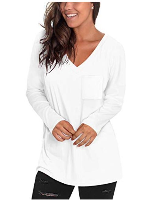 NSQTBA Womens Long Sleeve V Neck Tunic Tops Loose Casual Shirts with Pocket