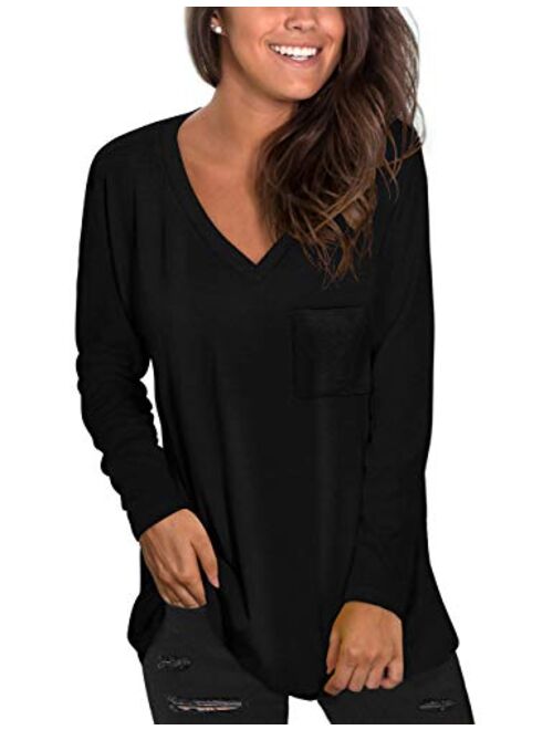 NSQTBA Womens Long Sleeve V Neck Tunic Tops Loose Casual Shirts with Pocket