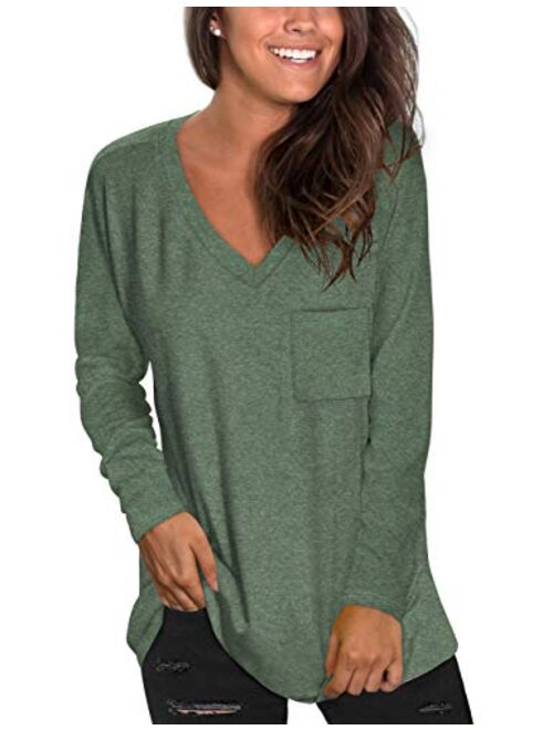 NSQTBA Womens Long Sleeve V Neck Tunic Tops Loose Casual Shirts with Pocket