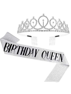 Birthday Crowns for Women, Didder Birthday Queen Sash & Rhinestone Tiara Kit, Birthday Queen Tiaras and Crown for Women Girl 21st Birthday Gifts Glitter Birthday Sash Par