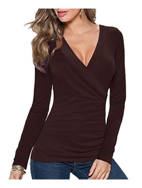 Afibi Womens Slim Fitted Deep V Neck Cross Wrap Top Long Sleeve T-Shirts