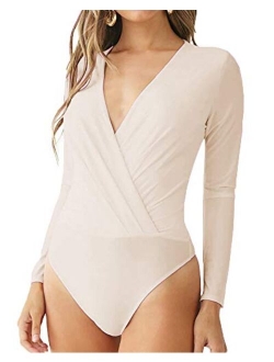 LINMON Women's Long Sleeve Bodysuit Surplice Ruched Plunge V Neck Stretchy Jumpsuit Leotards