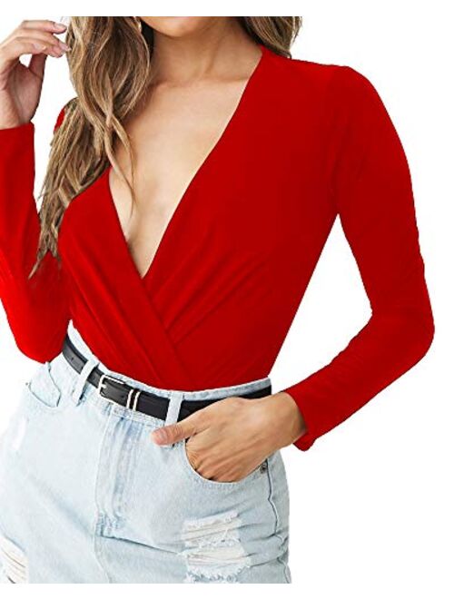 LINMON Women's Long Sleeve Bodysuit Surplice Ruched Plunge V Neck Stretchy Jumpsuit Leotards