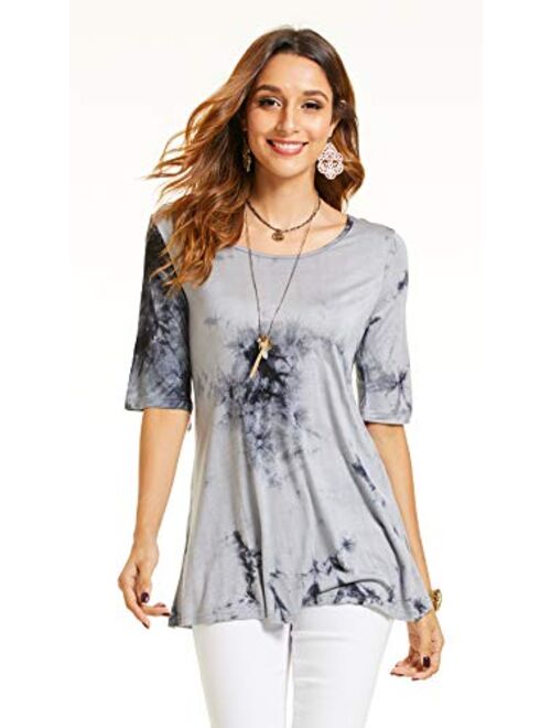 SONJA BETRO Women's Tie Dye Scoopneck Back Detail 3/4 Sleeve Casual Tunic Top