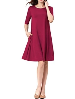 LAC RETTBA Women's Elbow Length Sleeves Pockets Casual Loose Swing Knee Length Dress